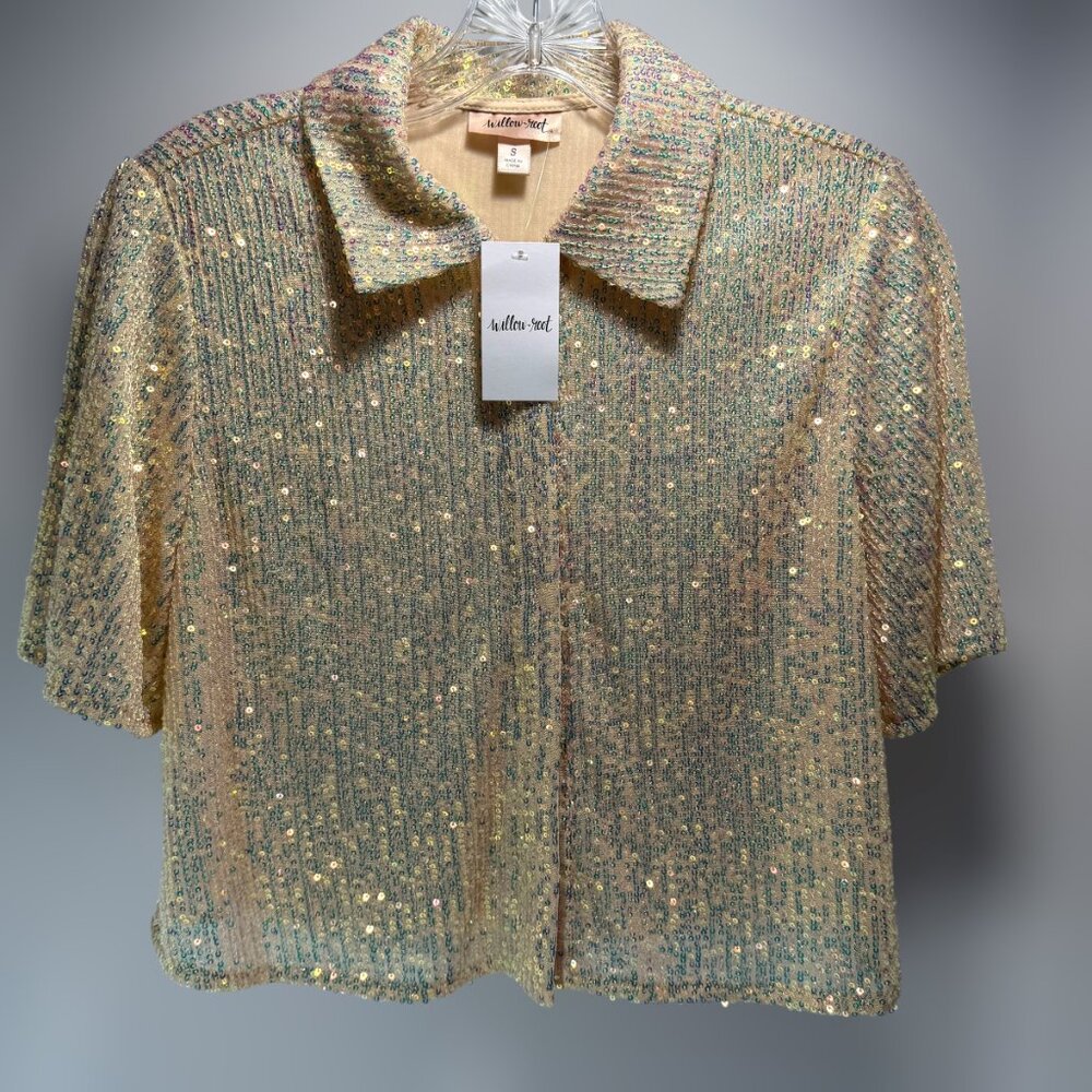 Willow Root Sequin Blush Short Sleeve Collared Top